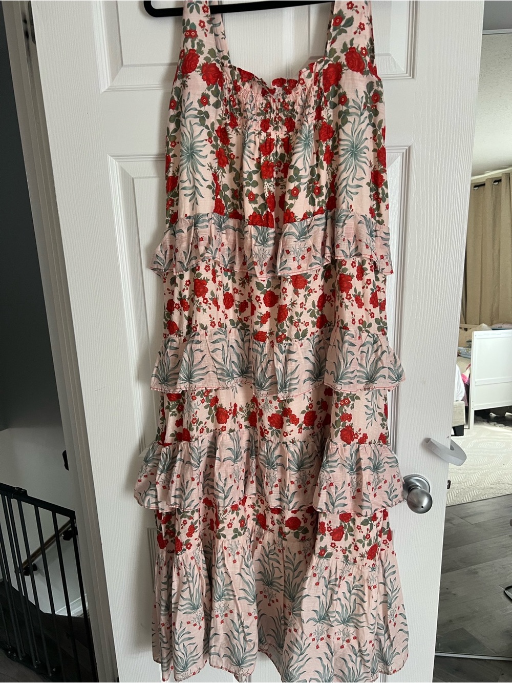Anthropologie Pink Floral Tiered Maxi Dress with Red Blooms - Picture 2 of 4